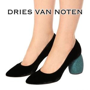 Dries Van Noten Black Velvet Heels with Blue Glitter Block